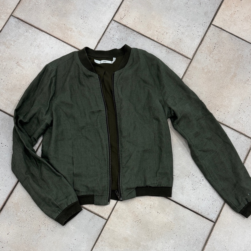 Gibson Jacket Womens M Green Bomber Full Zip 100% Linen Lined Heavy